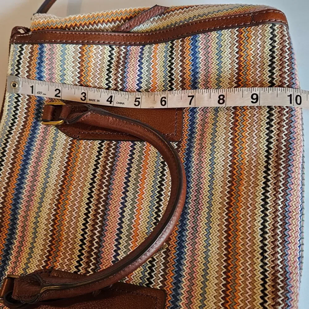 Fossil Parker Leather Satchel Purse Handbag Zig Zag Colorful Stripes‎ Boho